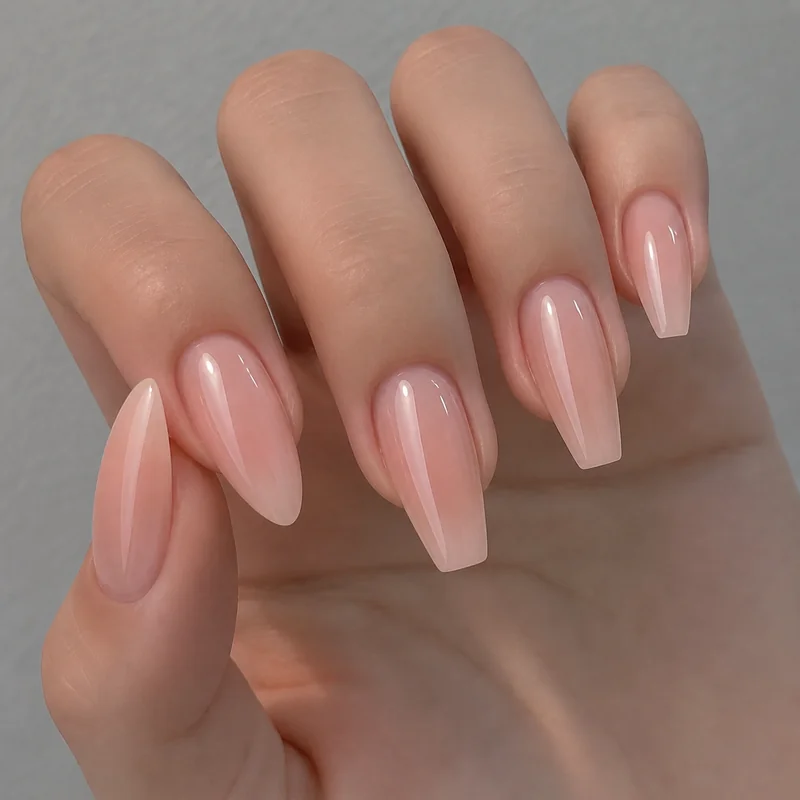 Side-by-side hand comparison showing finger elongation illusion with almond nail shape versus coffin nail shape on same hand type