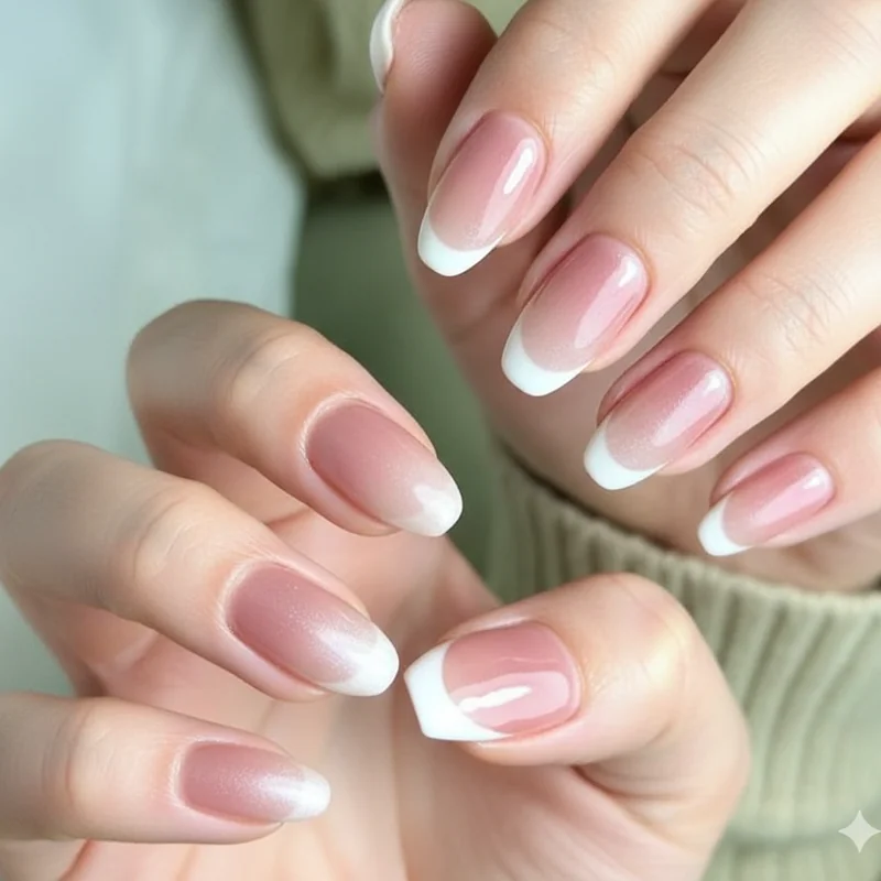 Nail art suitability comparison showing French tip ombre and chrome designs on almond and coffin nail shapes side by side on same hand