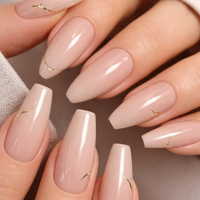 Close-up showing nail shape durability difference with coffin corner stress point breakage risk versus almond rounded tip pressure distribution