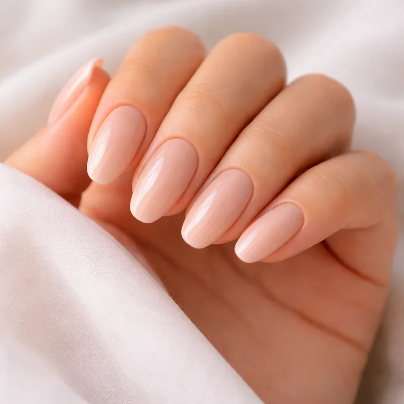 Baby almond nails 2026 trend showing subtle taper at short to medium nail length positioned visually between oval and classic almond shape