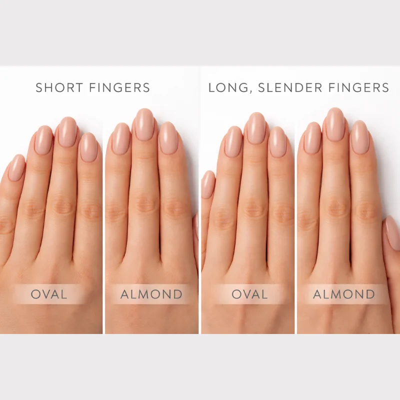 Finger elongation visual effect comparison oval versus almond nail shape across short medium and long finger length natural hand examples