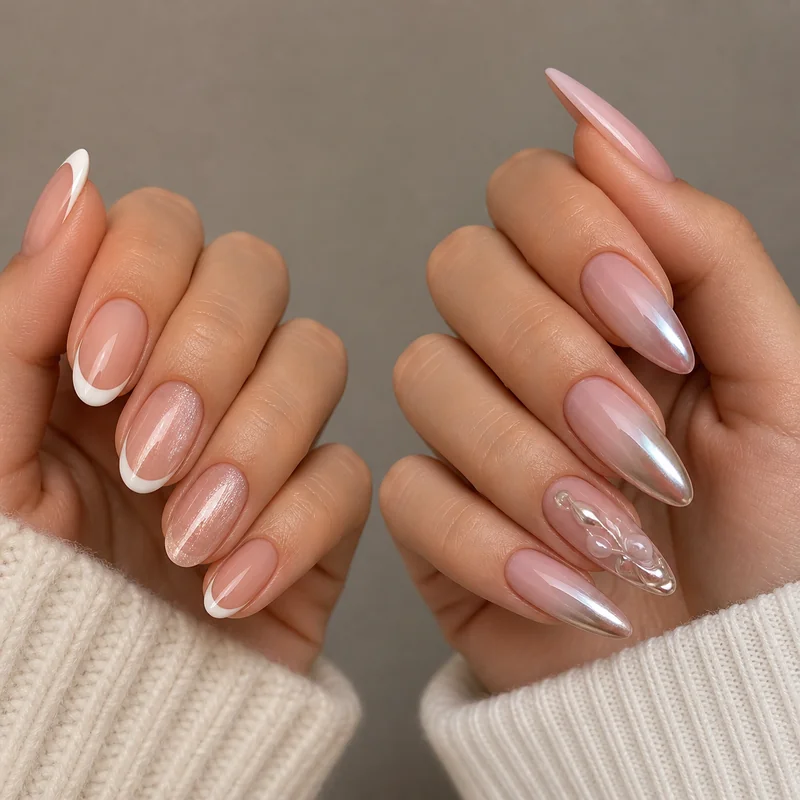 Nail art canvas comparison French tip and cat eye polish on oval versus ombre gradient chrome finish and 3D embellishment on almond nails
