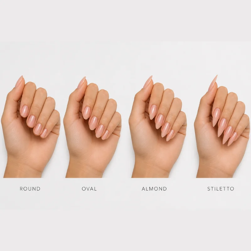 Nail shape spectrum diagram round oval almond stiletto progression showing taper degree and sidewall angle differences clearly illustrated