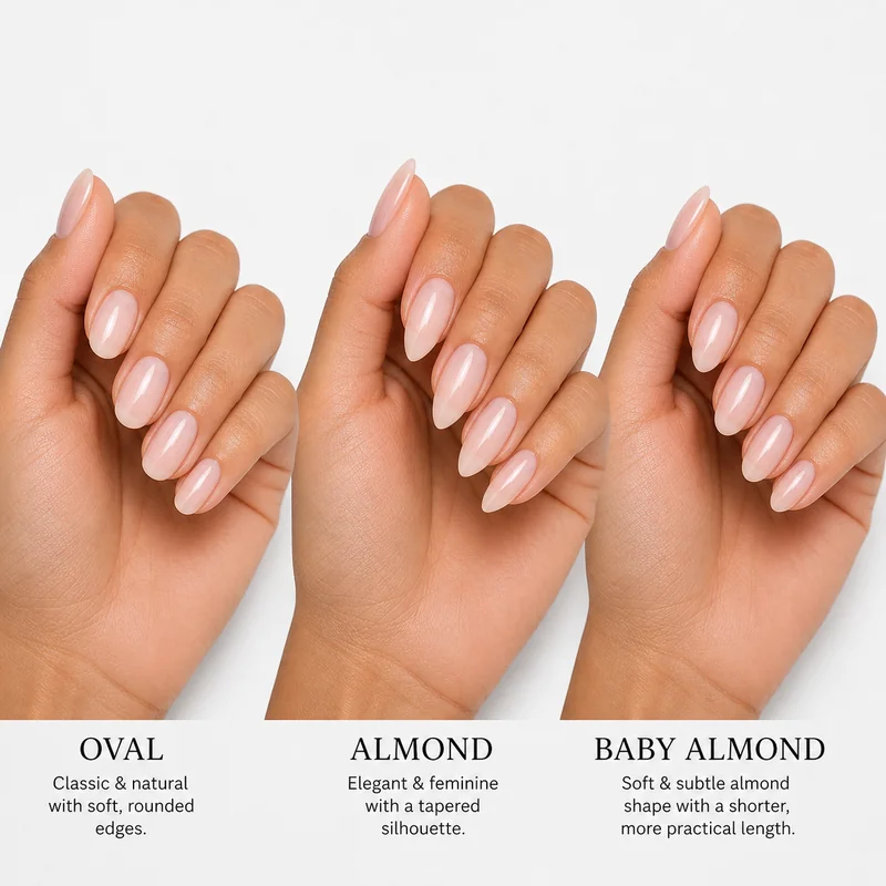 Oval almond and baby almond nail shape final verdict guide showing three shape options matched to hand type and lifestyle for clear decision