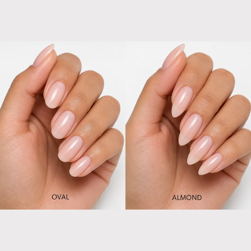 Oval almond nail shape comparison showing length requirement taper degree durability maintenance and nail art suitability key differences