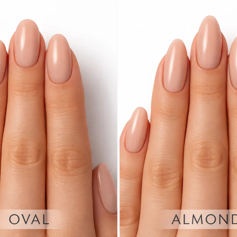 Oval vs almond nails side-by-side shape comparison showing taper degree and silhouette difference for confident nail shape decision