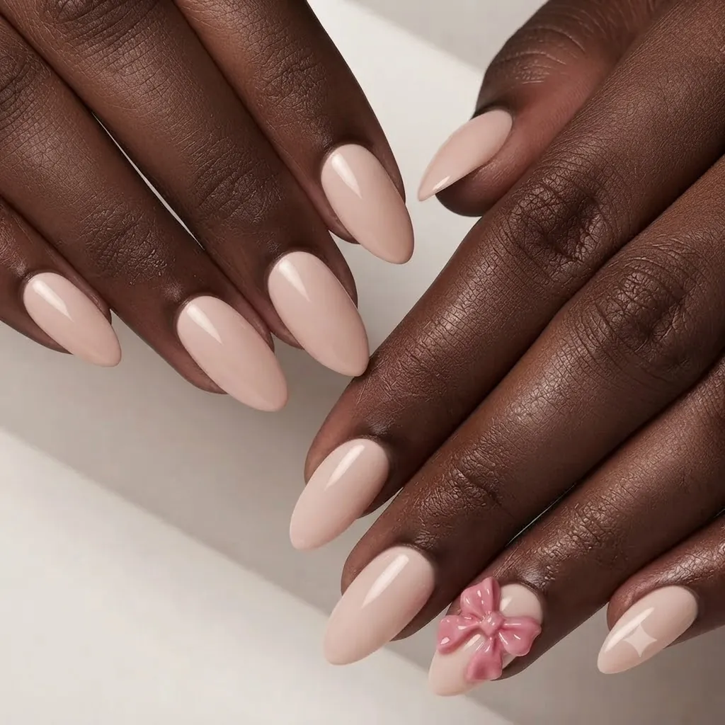 Ariana Grande 3D bow pearl nails in a blush almond set with a sculpted bow accent