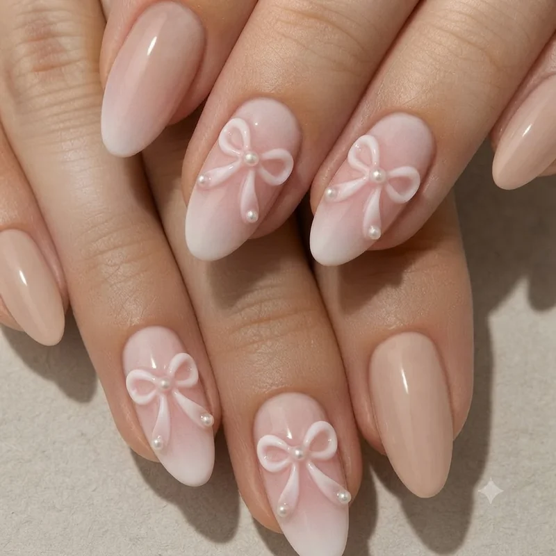Bow with pearl gem accents at the ribbon ends on a soft pink and white bridal nail base