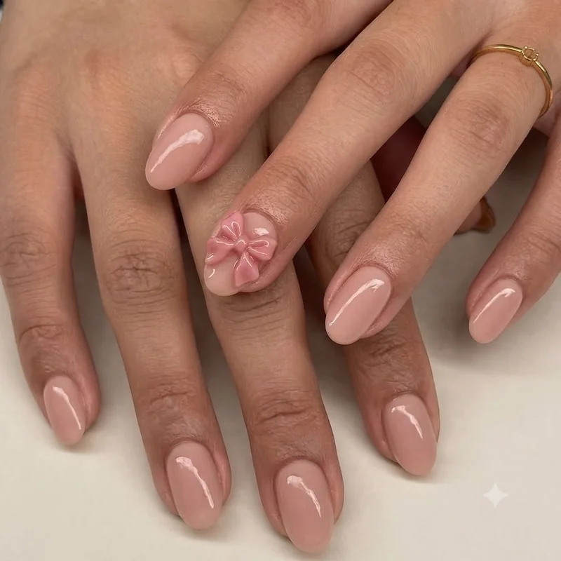 Full hand manicure with one sculpted bow accent nail styled among plain blush almond nails