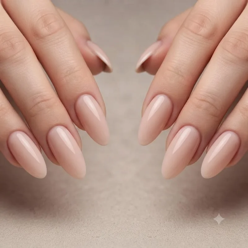 Long almond blush nude nails showing the soft base Ariana Grande inspired nails build embellishment on
