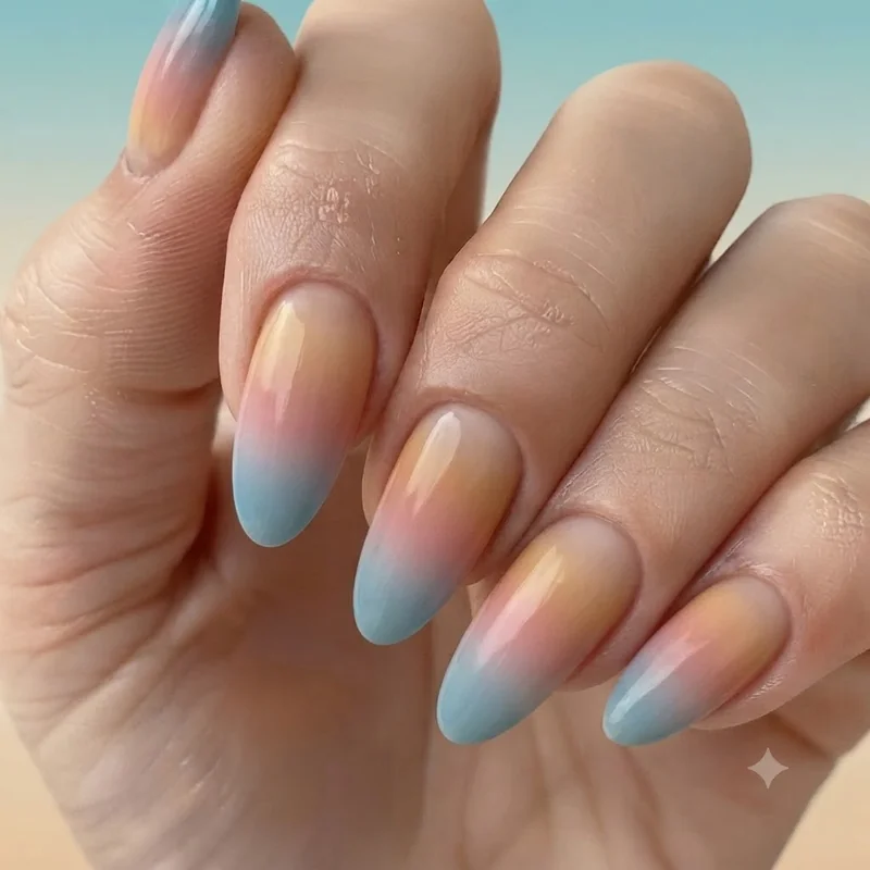 Beach destination negative space ombre sunset gradient bachelorette nails