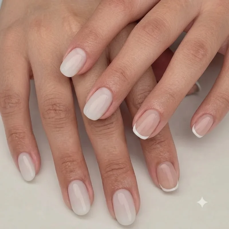 Bride milk bath white nails beside bridesmaid nude French manicure comparison shot
