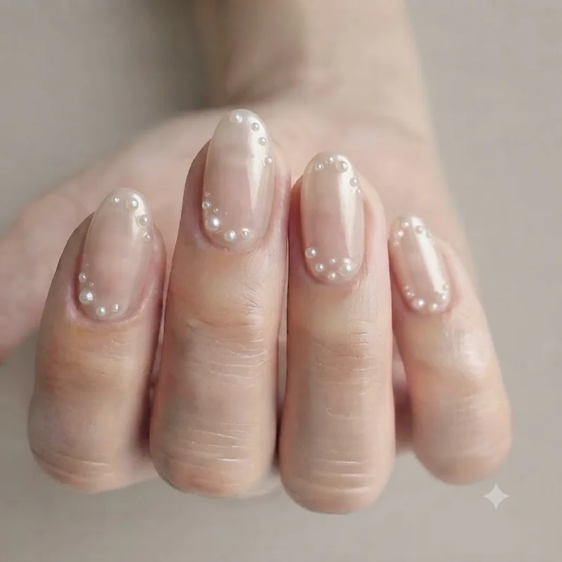 Chrome glazed donut iridescent pearl finish nails for bachelorette celebration