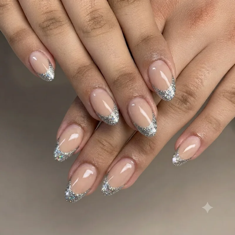 Glitter French tip disco ball nails bachelorette party night manicure idea
