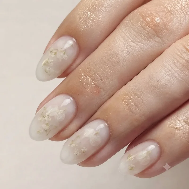 Milk bath almond nails bridal manicure design for bachelorette weekend