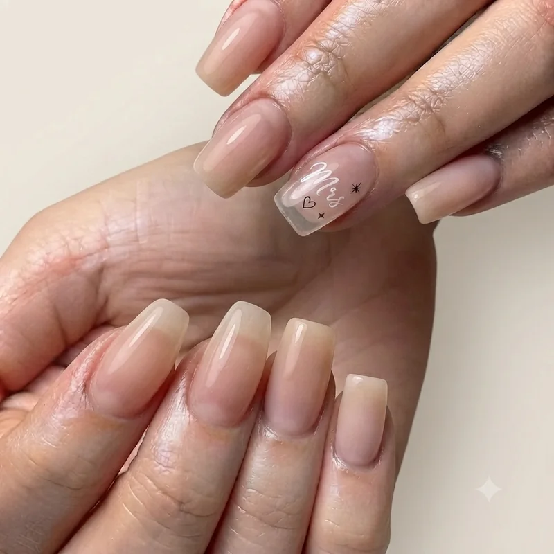 Mrs script heart star motif single accent nail bachelorette closeup design