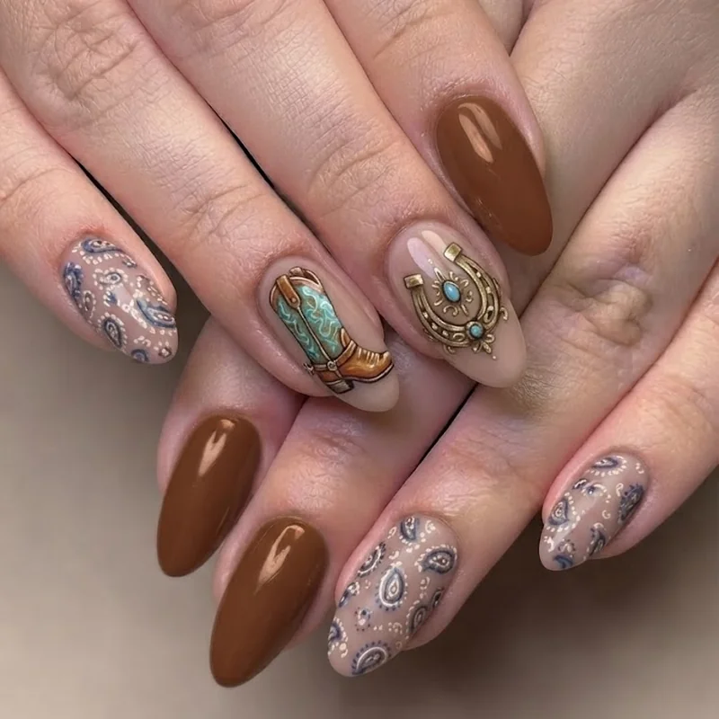 Nashville cowgirl themed boot horseshoe accent nail bachelorette design