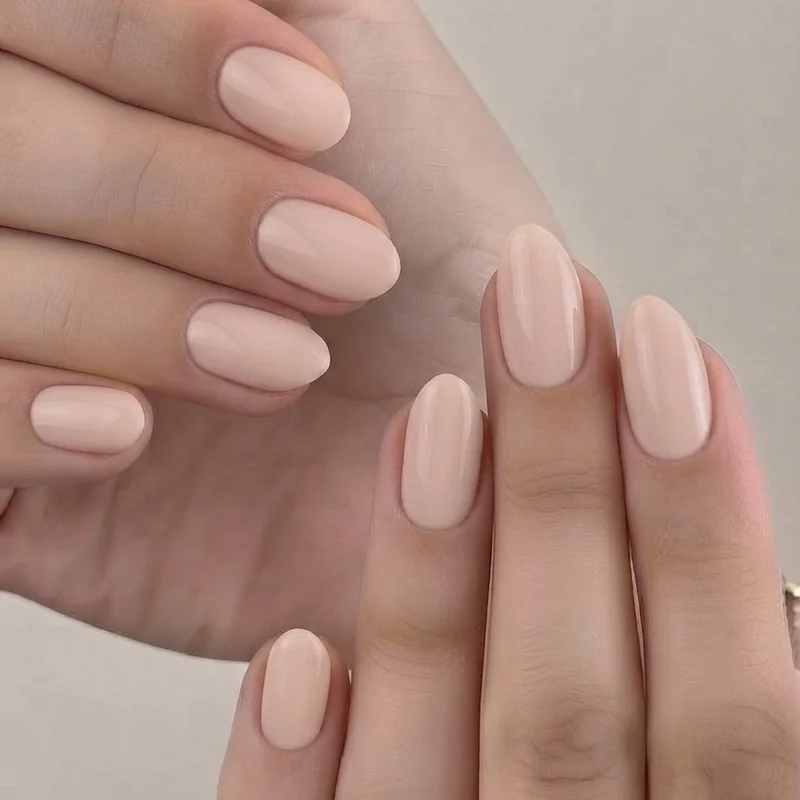Soft nude pink minimalist glossy nails bridesmaid bachelorette manicure idea