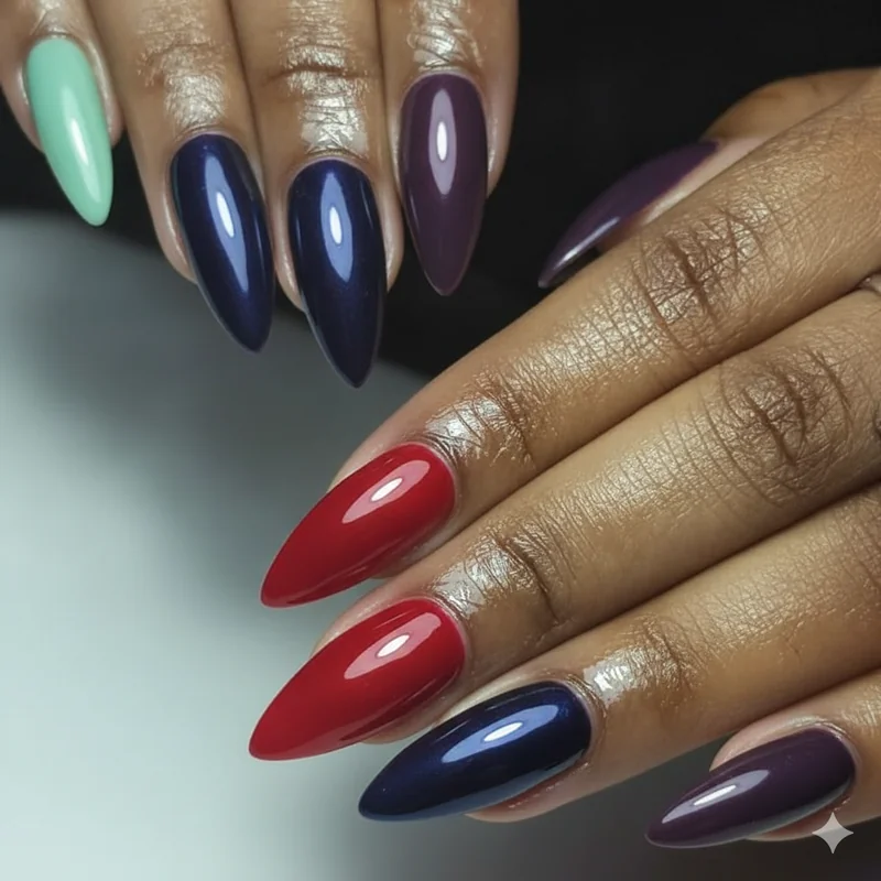 Best back to school nail colours for August 2026 showing mint green glazed navy chrome cherry red milky nude and deep plum on hand palette editorial