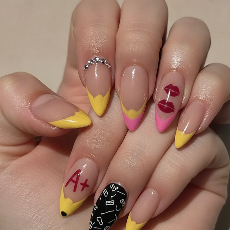Elevated school-themed nail art featuring pencil French tip and A plus accent nail detail on neutral base with chalkboard design editorial 2026