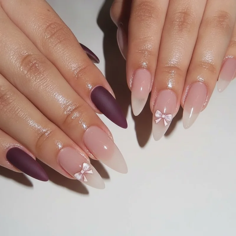 Wide flat lay of college nails showing dark academia, clean girl, and coquette manicure styles together