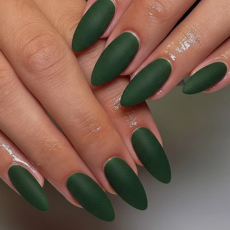 Dark academia college nails in deep plum and forest green velvet finish for fall semester