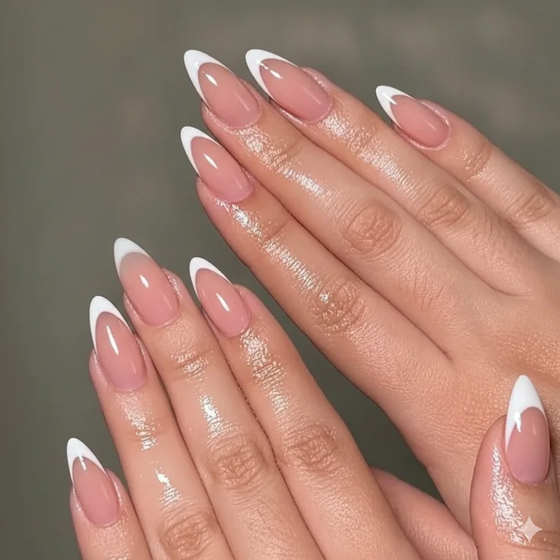 Dress code safe first day of school nails in soft nude with white French tip on short length school-appropriate manicure