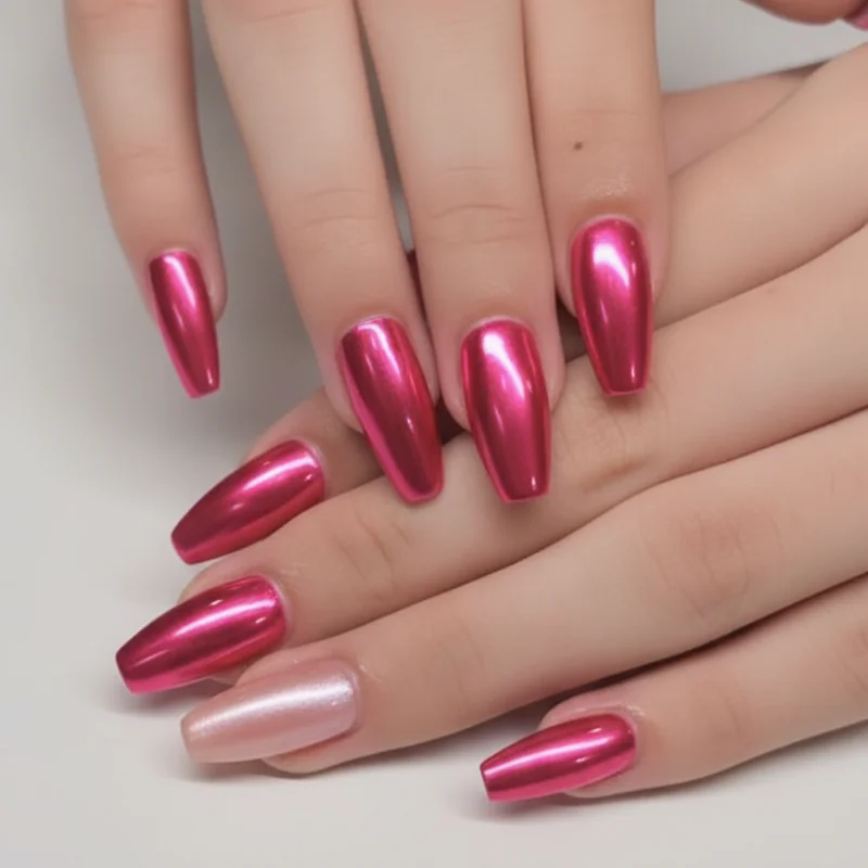 Bold first day of school nail design in hot pink chrome on short square shape with pearl blush accent nail for school 2026
