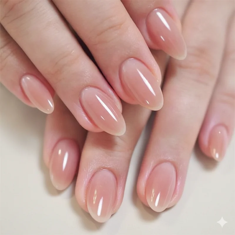 Clean girl first day of school nails in milky sheer nude jelly finish on short almond shape photographed against white linen