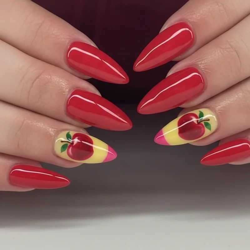 School themed first day of school nail art with pencil French tip and apple accent nail in glossy red gel on short square shape