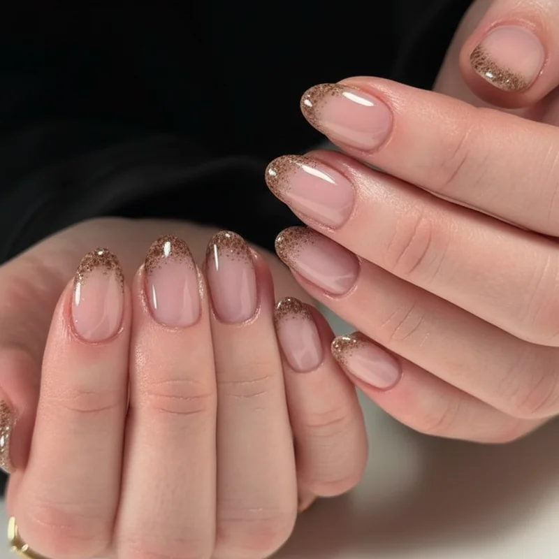Bambi French tip with fawn speckles at the free edge fading to nail centre on a milky base showing understated bambi nail variation