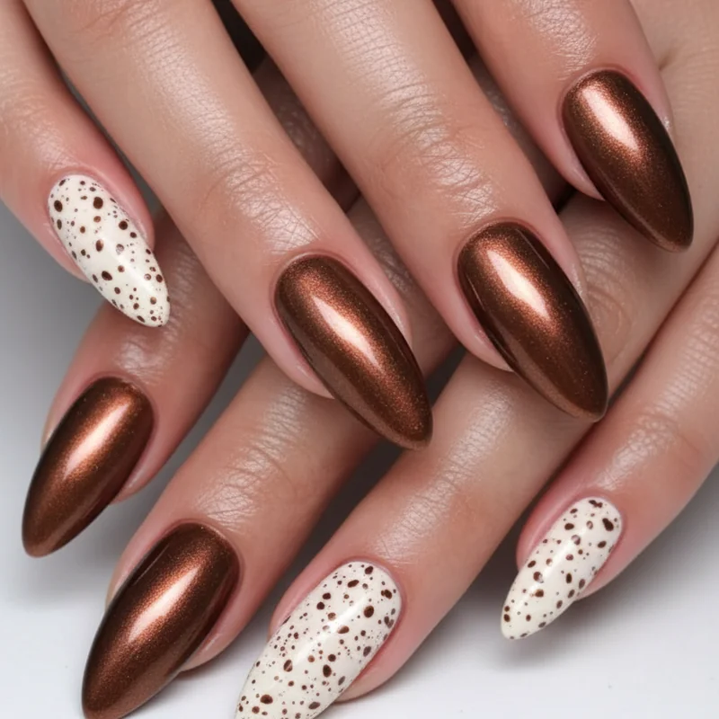 Bambi nail art variations including cat-eye shimmer overlay, chrome finish, and accent nail on warm caramel base showing 2026 styles