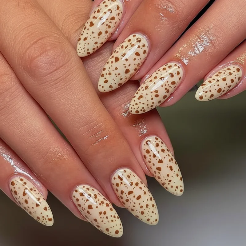 Sophisticated bambi nails on almond shape with high-gloss finish showing editorial quality irregular fawn speckle clusters in toffee base