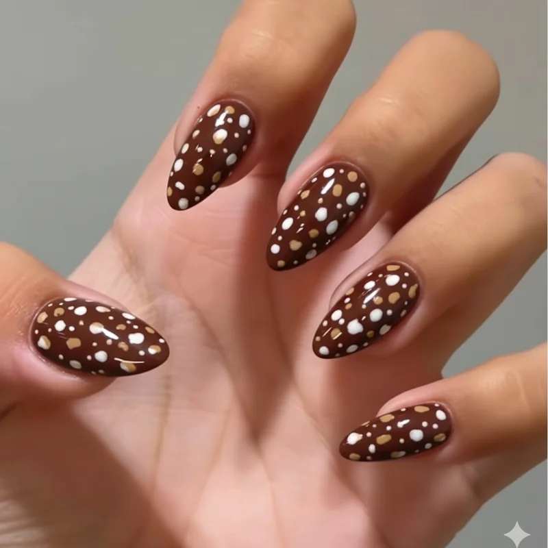 Bambi nails on deep skin tone with espresso base and warm white fawn speckles showing high contrast editorial finish on almond nails