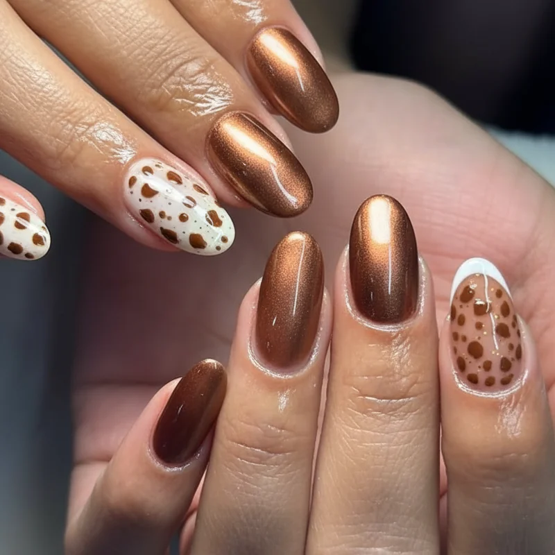 Bambi nails inspo edit showing twelve 2026 variations including cat-eye shimmer, chrome finish, accent nail, and classic fawn speckle set