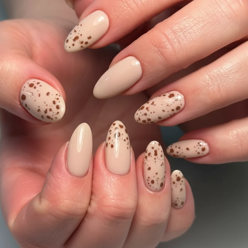 Bambi nails on short nails with scaled fawn speckle clusters on oval and soft square shapes showing warm brown caramel base options