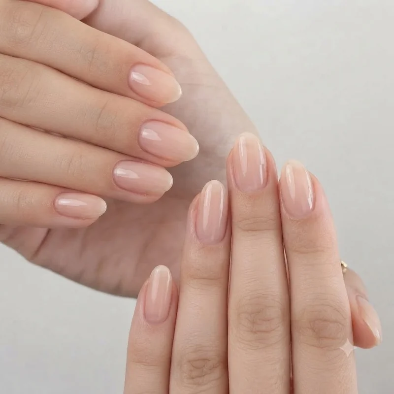 Bare nails meaning illustrated by a well-groomed natural nail set with a glossy healthy finish