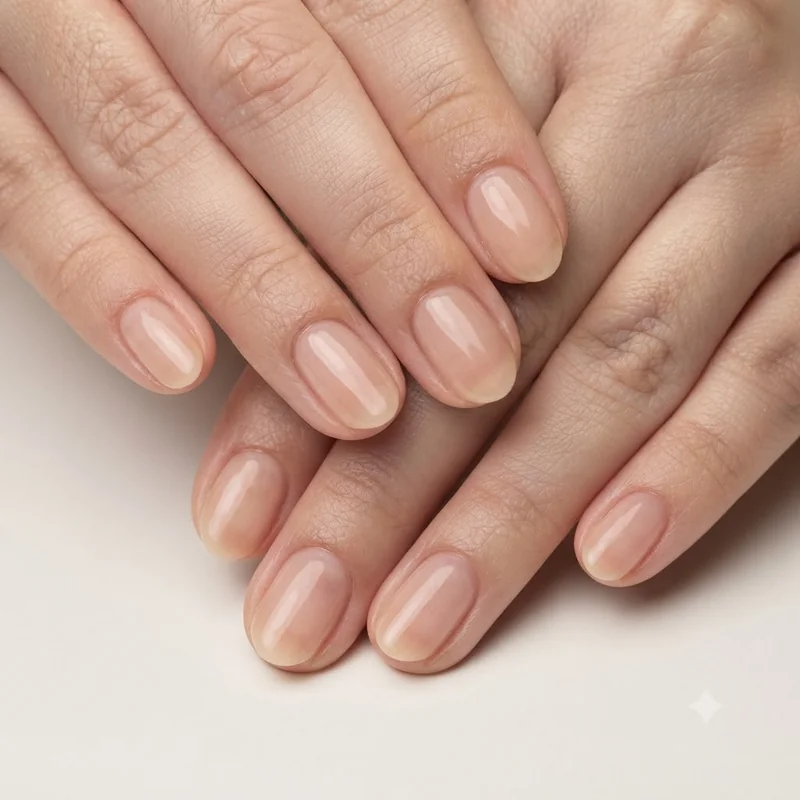 Close-up of the bare nails trend showing a sheer, barely-there natural finish over a buffed, healthy natural nail bed surface
