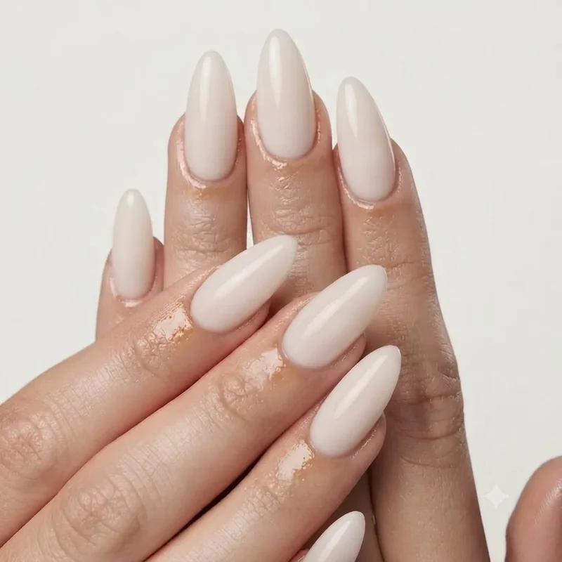 Milky nails manicure showing a creamy, opaque ivory white base with a soft, semi-opaque nail coverage level and glossy finish