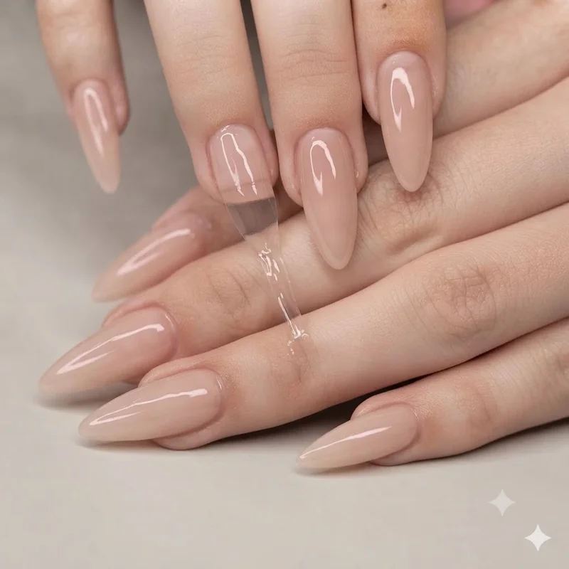 Soap nails manicure showing a sheer pink nude polish with a high-gloss wet-look finish on a natural nail shape and length