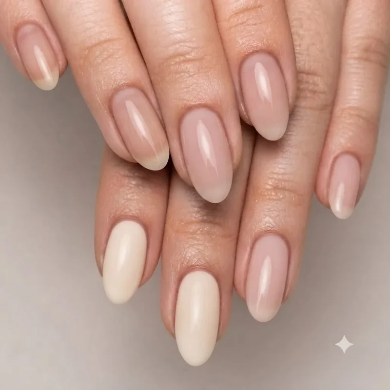 Three-way nail comparison showing bare, soap and milky manicure finishes lined up side by side on three separate matching hands