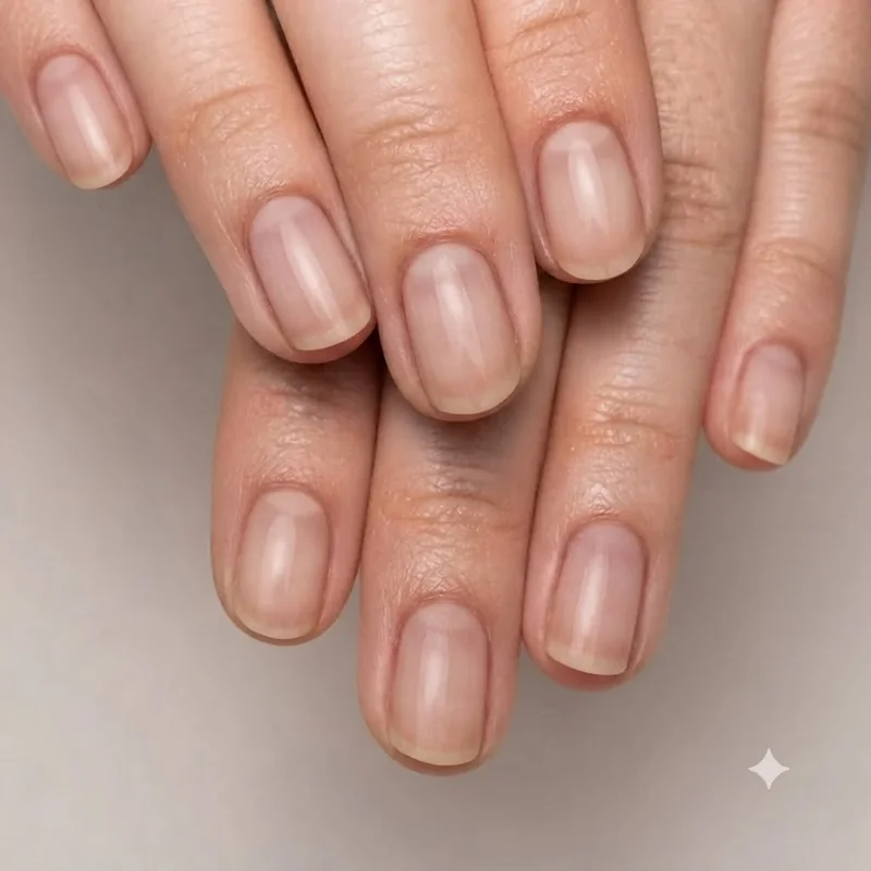 Buffed natural bare nail cool girl minimalist styling on short length manicure