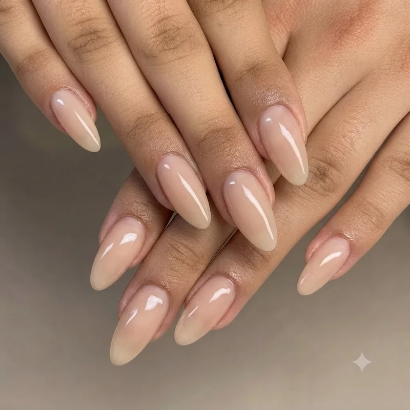 Hailey Bieber inspired glossy sheer nude almond manicure with high shine top coat
