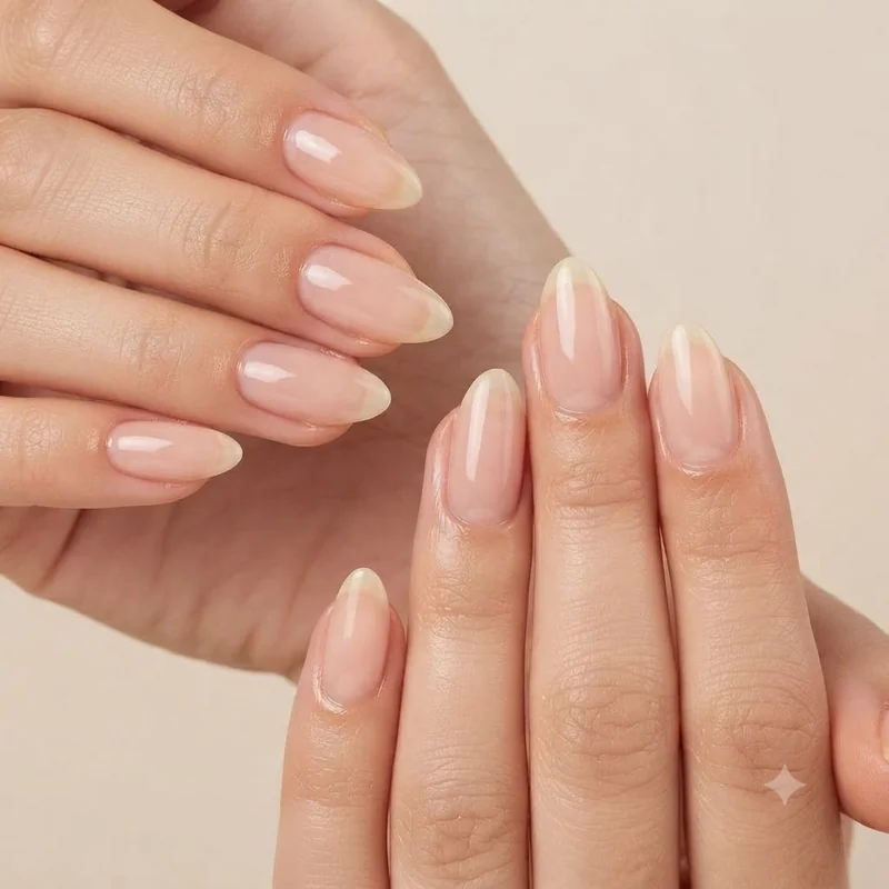 Manicurist hands mid manicure process finishing a polished bare nail final result