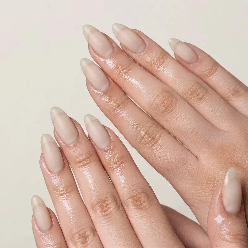 Milky sheer neutral manicure understated luxury styling on clasped resting hands