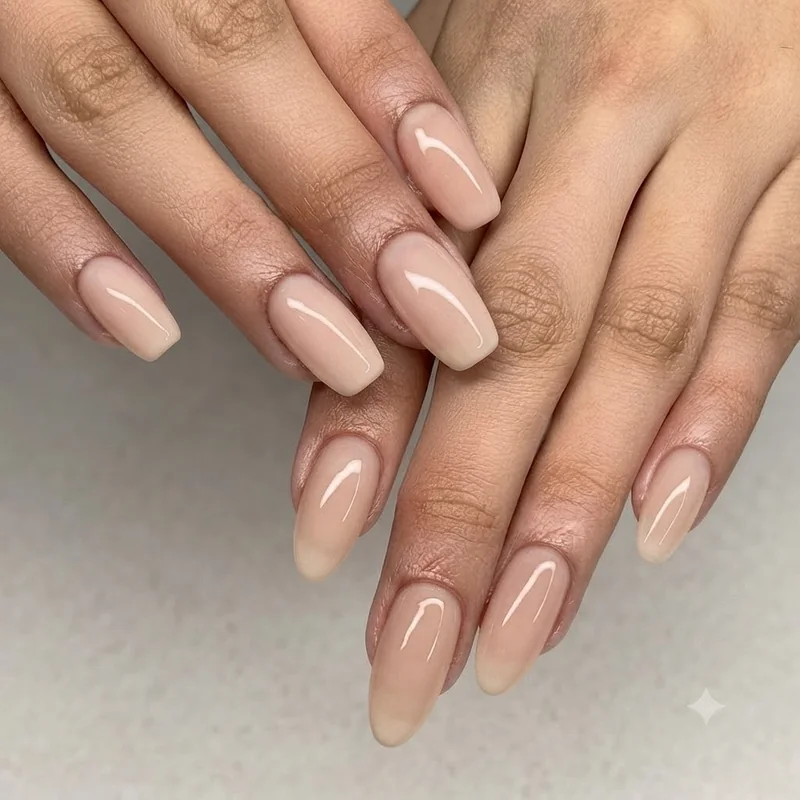 Sheer nude celebrity manicure on red carpet elegant hand pose beside evening gown
