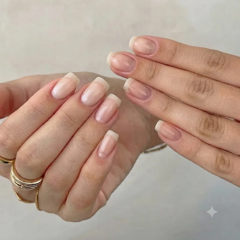 Close-up of hands filing natural nails in one direction for bare nails routine