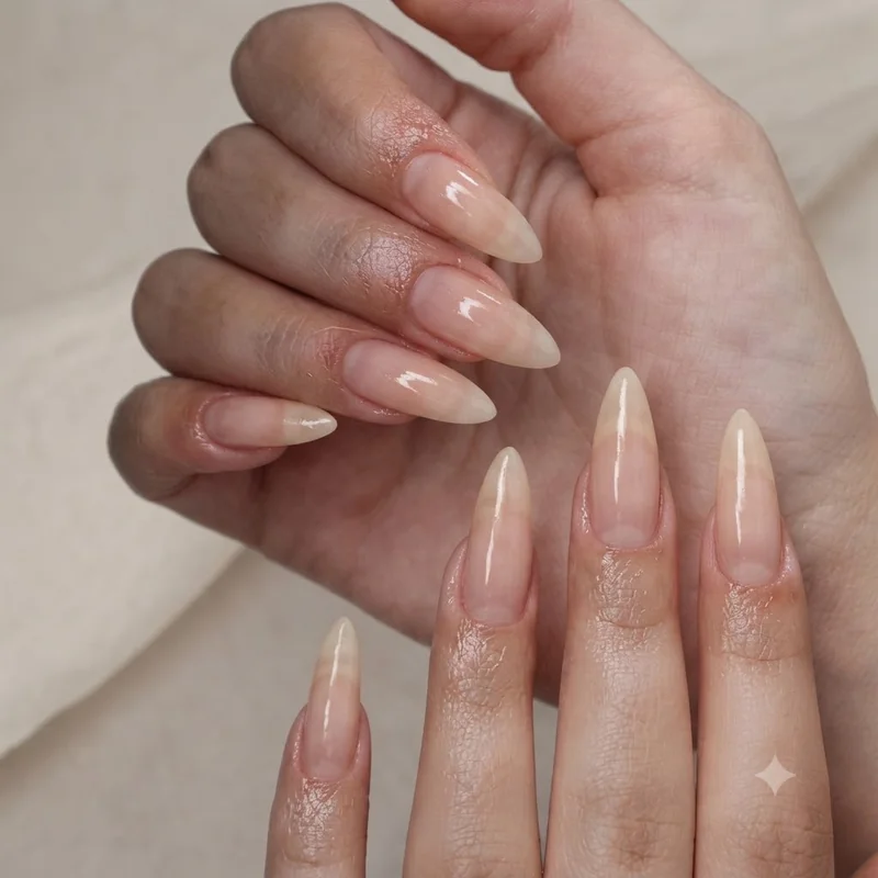 Finished bare nail look with glossy buffed nails and cuticle oil for natural manicure