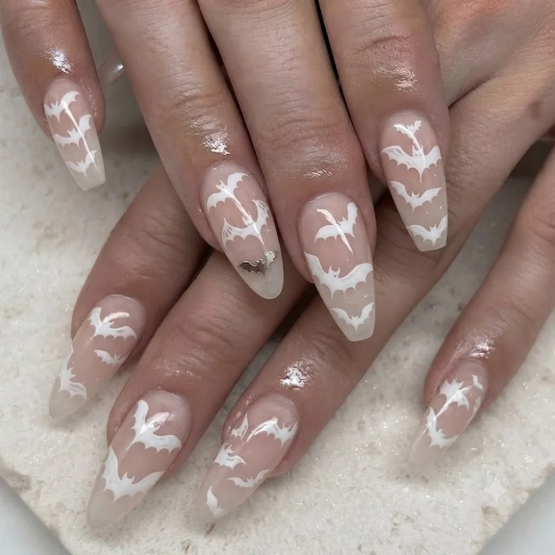 Bat nails shape comparison showing almond and coffin nail designs side by side