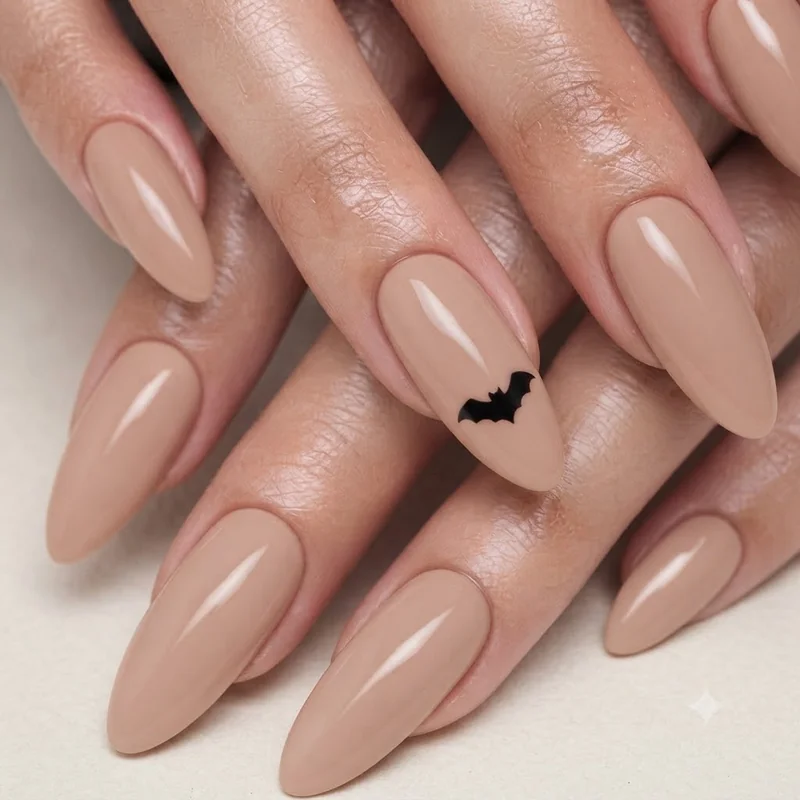 Cute minimalist bat nails with single accent nail design on nude base for beginners